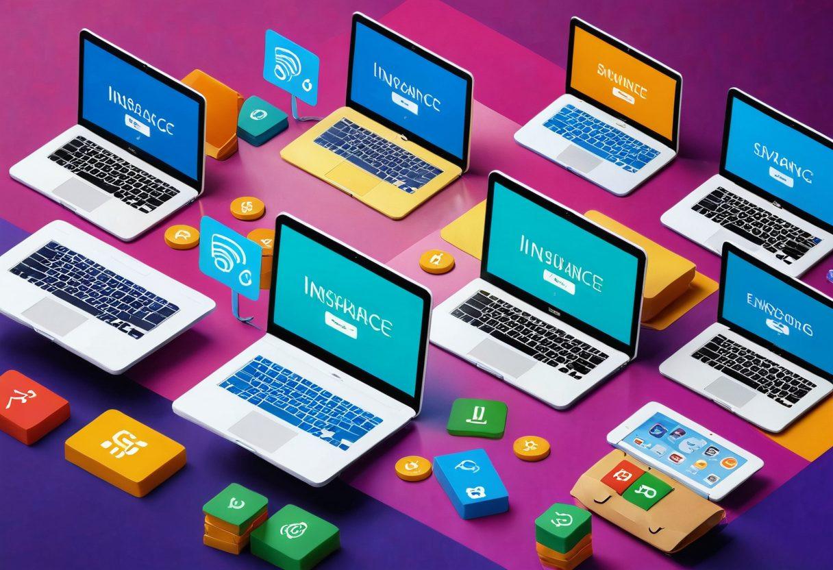 A vibrant digital marketplace bustling with diverse insurance options, showing animated characters comparing policies on laptops and tablets. Include visual indicators of savings like percentage signs, coins, and check marks. The atmosphere should feel friendly and engaging, promoting the idea of smart decision-making. super-realistic. vibrant colors. 3D.