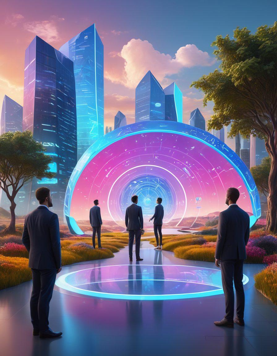 A modern digital landscape representing insurtech innovations, featuring a diverse group of individuals interacting with futuristic technology, such as holographic insurance policies and AI assistants. Integrate visual metaphors like shields symbolizing security and interconnected nodes for comprehensive coverage. Use vibrant colors to convey innovation and trustworthiness. super-realistic. vibrant colors. 3D.